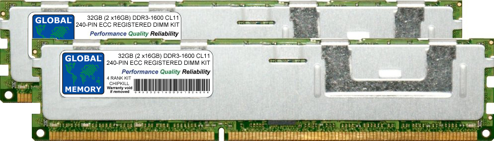 32GB (2 x 16GB) DDR3 1600MHz PC3-12800 240-PIN ECC REGISTERED DIMM (RDIMM) MEMORY RAM KIT FOR HEWLETT-PACKARD SERVERS/WORKSTATIONS (4 RANK KIT CHIPKILL)